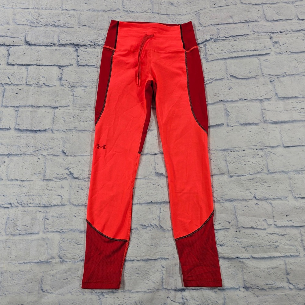 Under Armour Compression Leggings Women XS Orange Red HeatGear Mesh Athletic